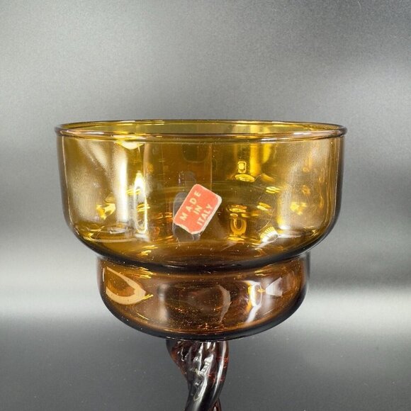 Vintage 1970s Empoli Italian Glass Amber Twisted Stem Compote Cup Venetian Glass - Picture 5 of 9